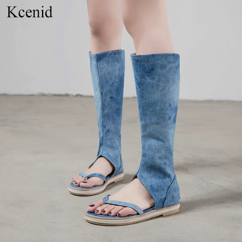 

Kcenid New women thong shoes denim summer boots low heels knee high boots women blue shoes flip gladiator vacation shoes size 43