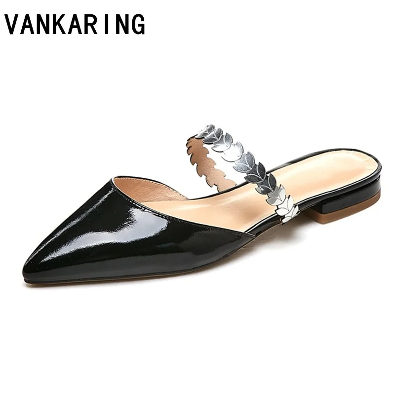 

fashion cut-outs leather sandals buckle woman slippers low heels sexy pointed toe party wedding shoes flat sandals dress pumps