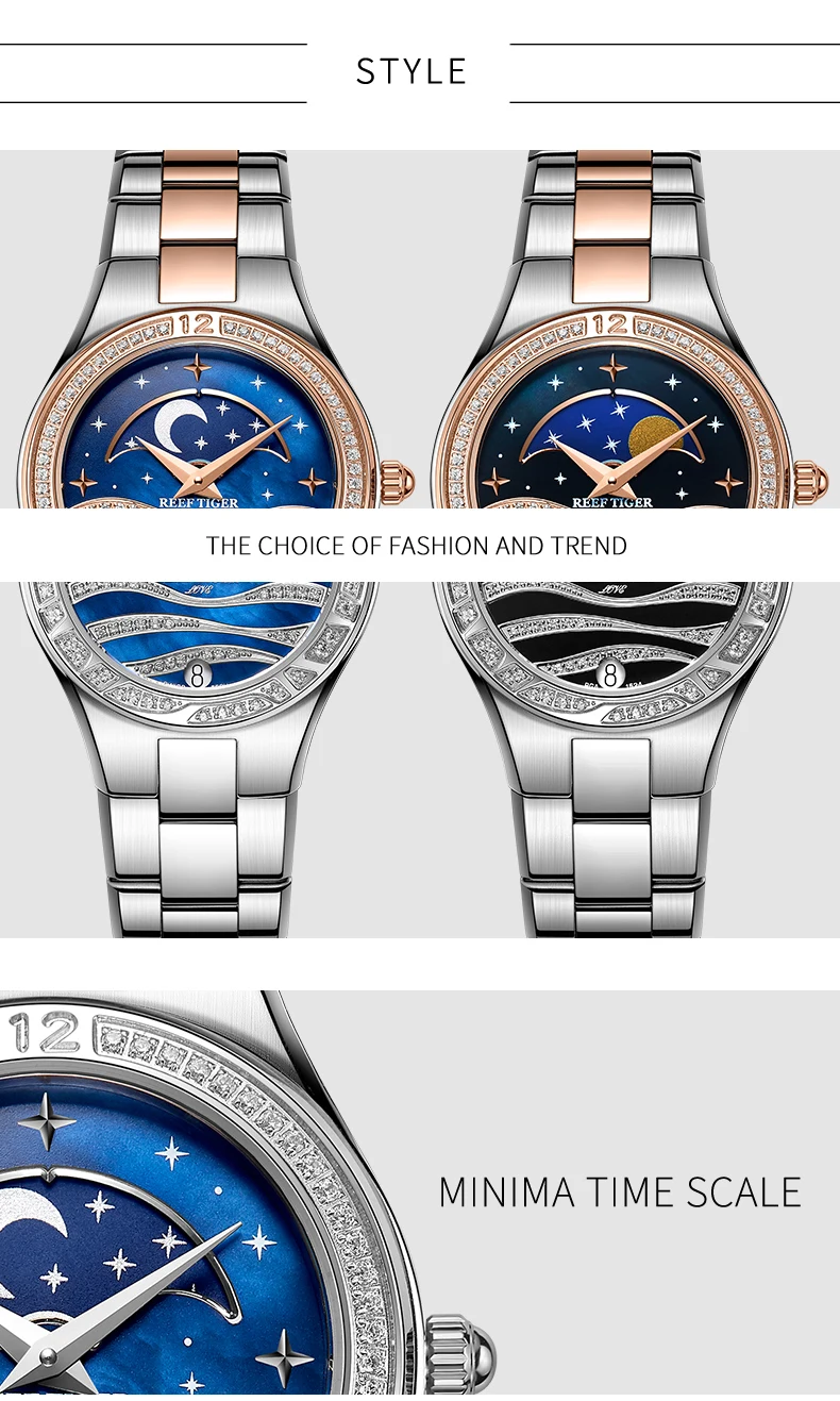 Риф Тигр/RT модные повседневные часы из нержавеющей стали Синие наручные часы для женщин Moon Phase часы RGA1524