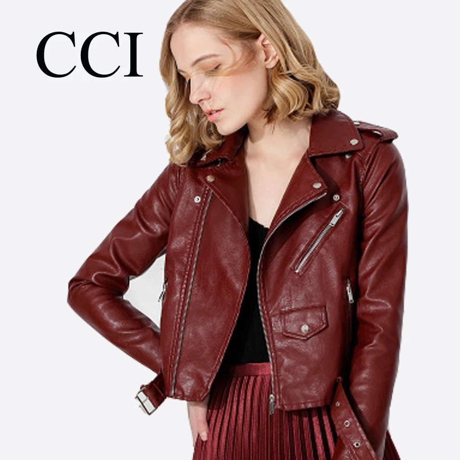 CCI 2018 New Fashion Women Spring Wine Red Faux Leather Jackets Lady