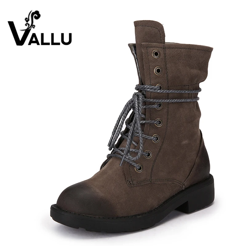 

VALLU 2017 Handmade Women Shoes Winter Boots Genuine Leather Lace up Round Toes Women Warm Boots