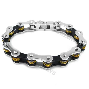

Wholesale Bling Motorcycle Yellow Crystal Bracelet Stainless Steel Jewelry Black Bicycle Chain Motor Biker Men Bracelet SJB0156