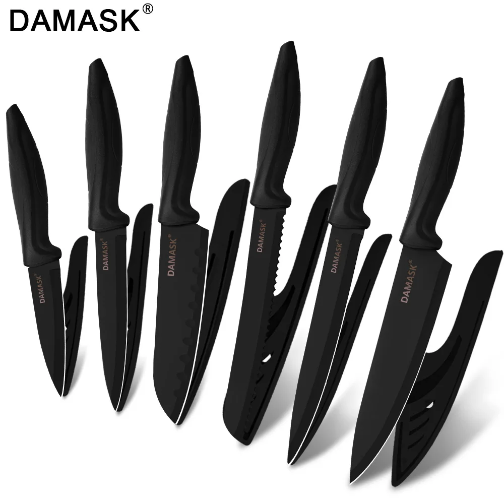 

DAMASK Knives Set Utility German Chef Knife Black Steel Cooking Knives Bread Vegetable Slicing Knife With Covers Kitchen Tools
