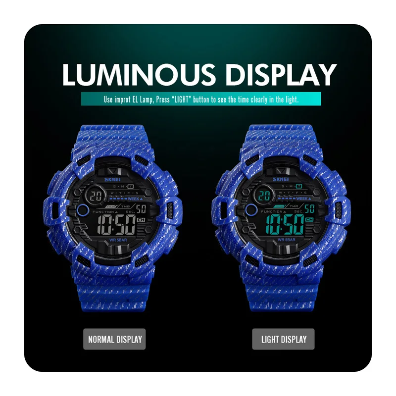 

2019 SKMEI Fashion Sport Watch Men Alarm Clock 2 Time Waterproof Week Display Men's Watches Denim Digital Relogio Masculino