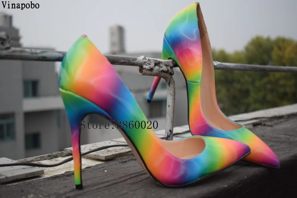 2019 Colorful rainbow high heels woman dress Wedding shoes thin heel