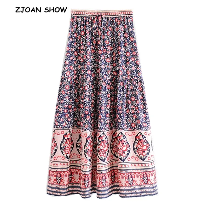 

2019 New Bohemian Elastic High Waist Maxi long Skirts Location floral print A-line Swing Ankle-length Skirts 2 Pieces Set