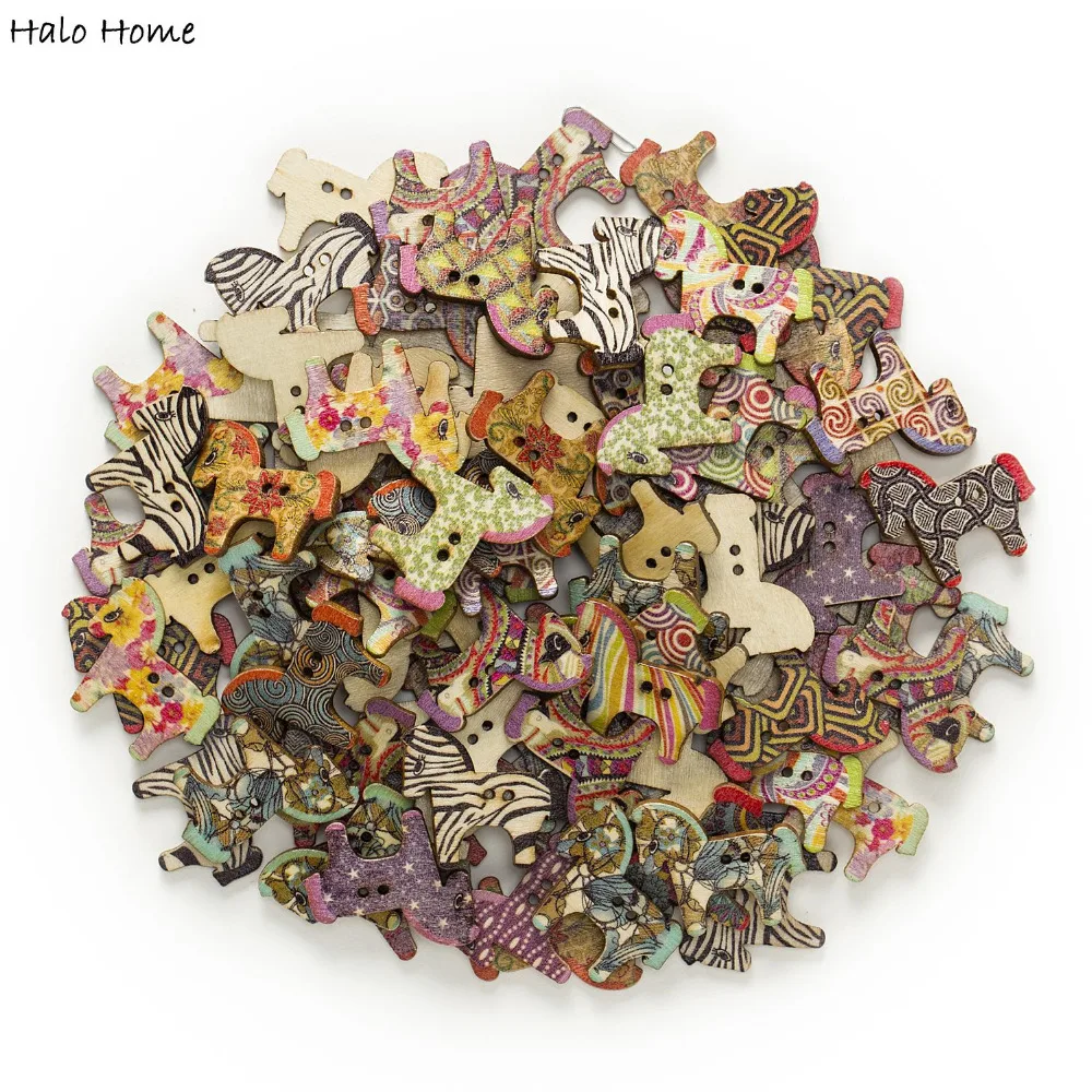50pcs 2 Hole Mixed Horse Wood Buttons Crafts Decor Sewing Scrapbooking 29x25mm