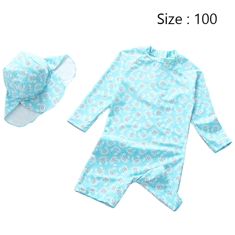 Dollplus/купальный костюм для девочек с мультяшным принтом; купальный костюм для девочек; цельный детский купальный костюм для малышей; солнцезащитный головной платок - Цвет: Sky blue   100