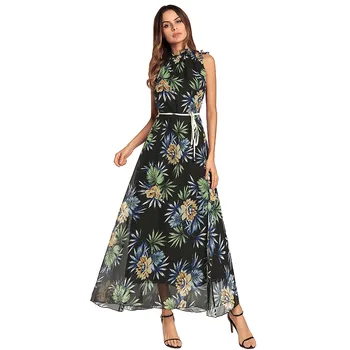 

Turtleneck Women Fashion Vestidos Mujer 2018 Spring Sashes Printing Dress Bohemian Loose Waist Chiffon Vestidos Mujers Faldas