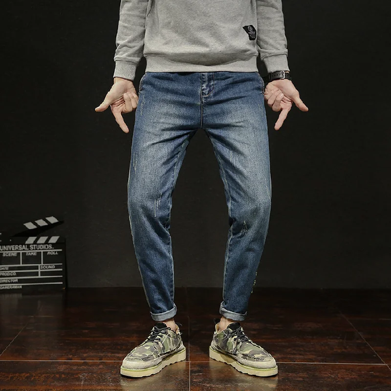 

Men's Loose Fit Ankle Length Straight Pencil Pants Casual Wild Lightweight Harlan Blue Jeans Spring and Autumn Models