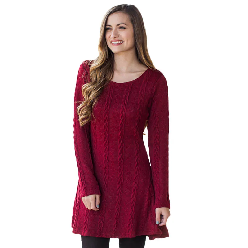 Casual Women 2017 Winter Dress Fashion Solid Round Collar Sweater Dress
