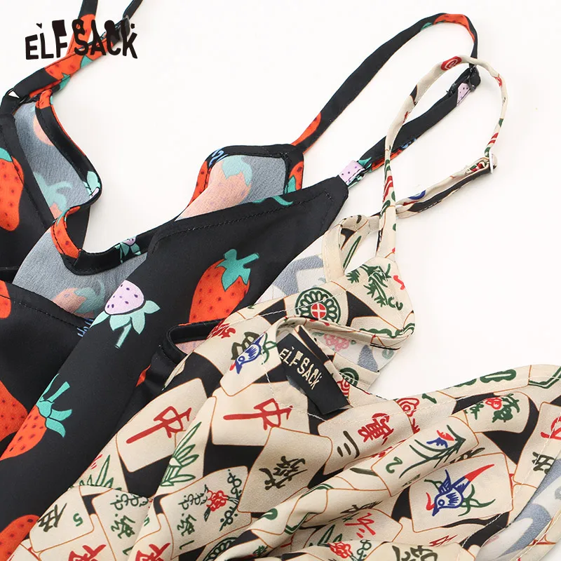 ELFSACK Fashion Print Women Tank, Autumn Streetwear Sweet Femme Camis Sexy V-neck Off Shoulder Female Tops
