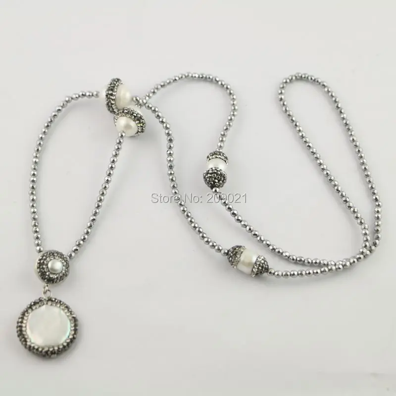 

For Women ~ 4Pcs Pave Rhinestone Pearl Round Shape Pendants , Hematite Chains Charm Necklace Jewelry Finding