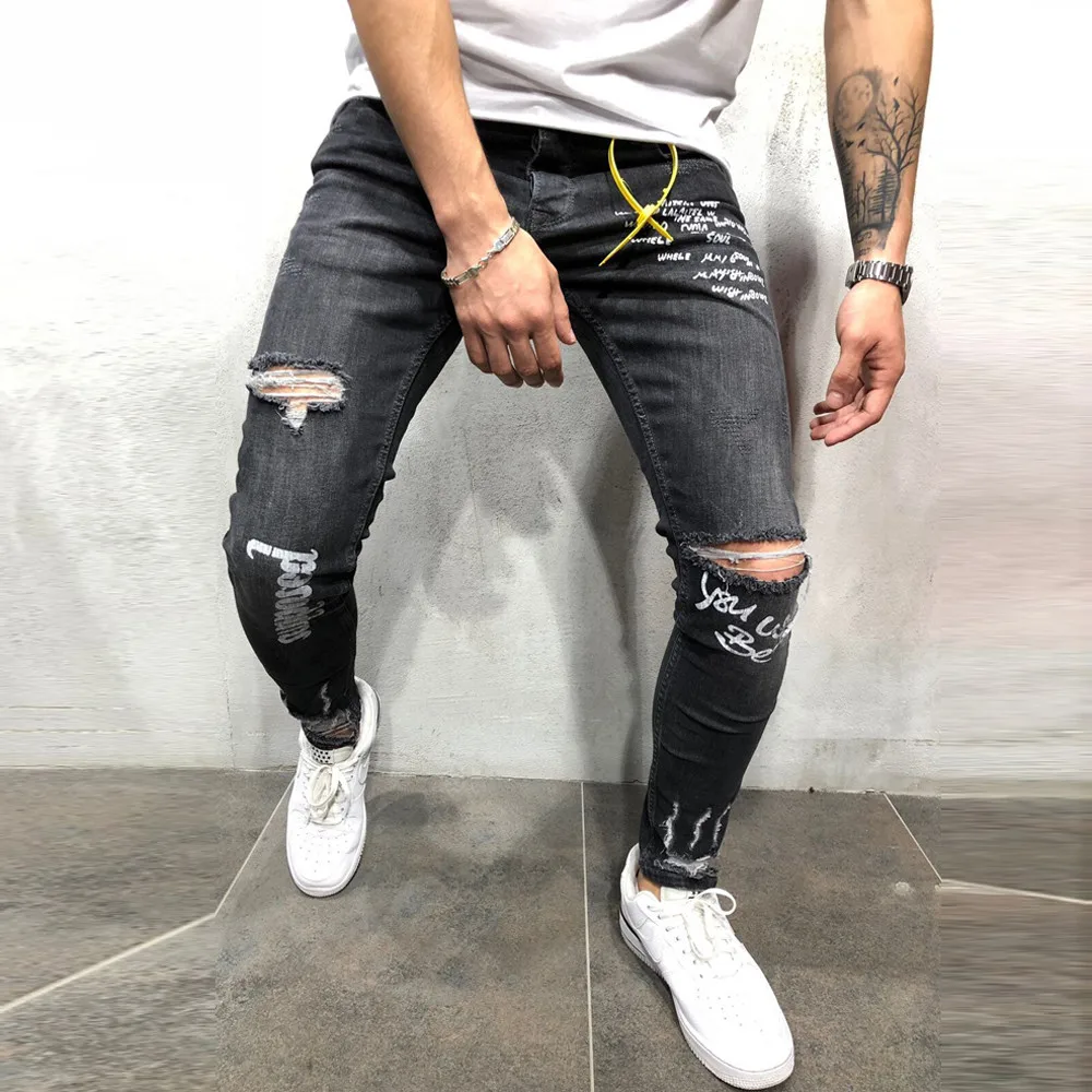 Для мужчин черный Slim Fit эластичная обувь с отверстиями напечатайте брюки с буквами модные джинсы мужские брюки мужские джинсы прямые ковбойский стиль 10