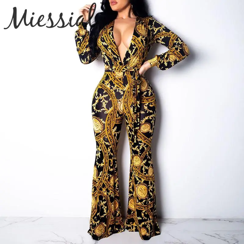 

Miessial Sexy paisley knitted plus size jumpsuit Women deep v neck long jumpsuit romper Female winter vintage playsuit overalls