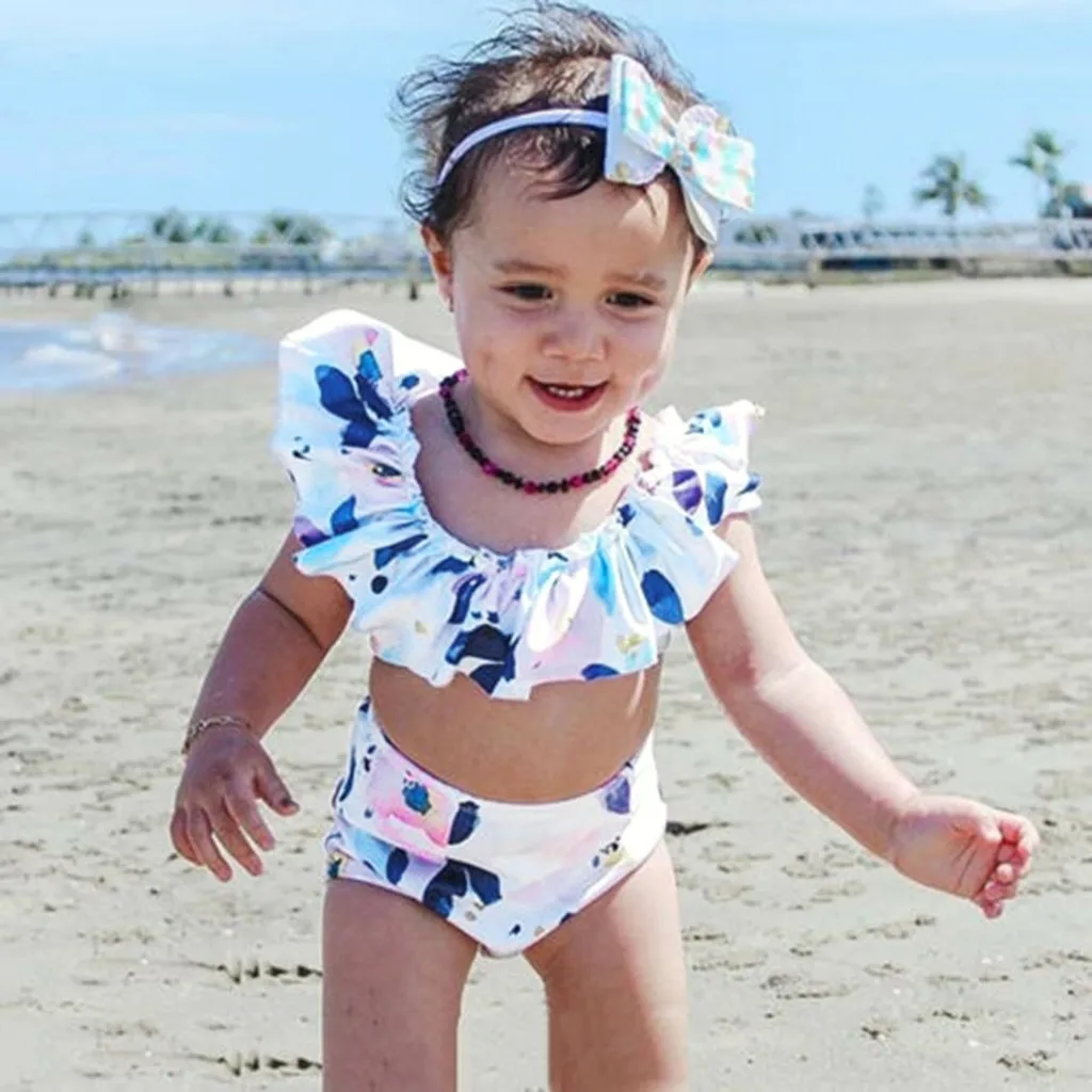 2020 Summer Fashion Print Girls Bikini Children Ruffle Off Shoulder Swimwear Toddler Kids Swimsuit Beach Bathing Suit Mayokini | Женская