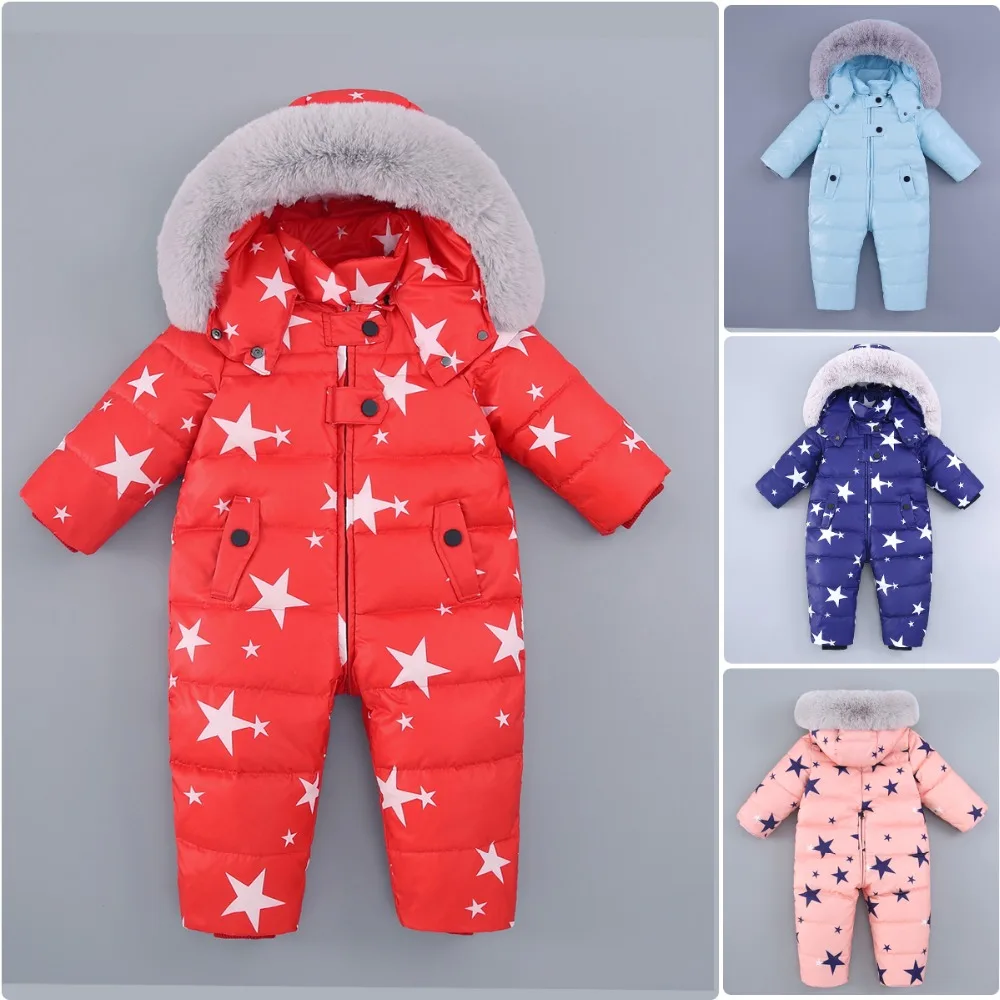 Baby Winter Onesies Kids Down Jackets Boys Girls Parker Coats Oversized Fur Collars Thicker Warm Snow Suits 