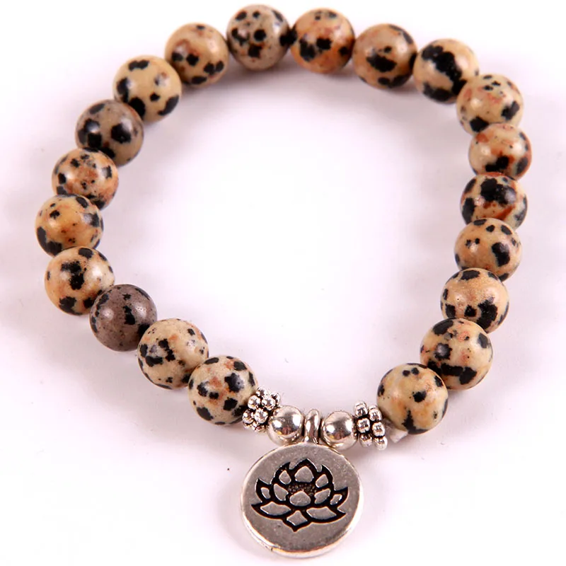 

New Design Women Yoga Bracelet Dalmatian Natural Stone Bracelets Bangle Stretch Men Mala Beads Jewelry Lotus/Buddha Charm