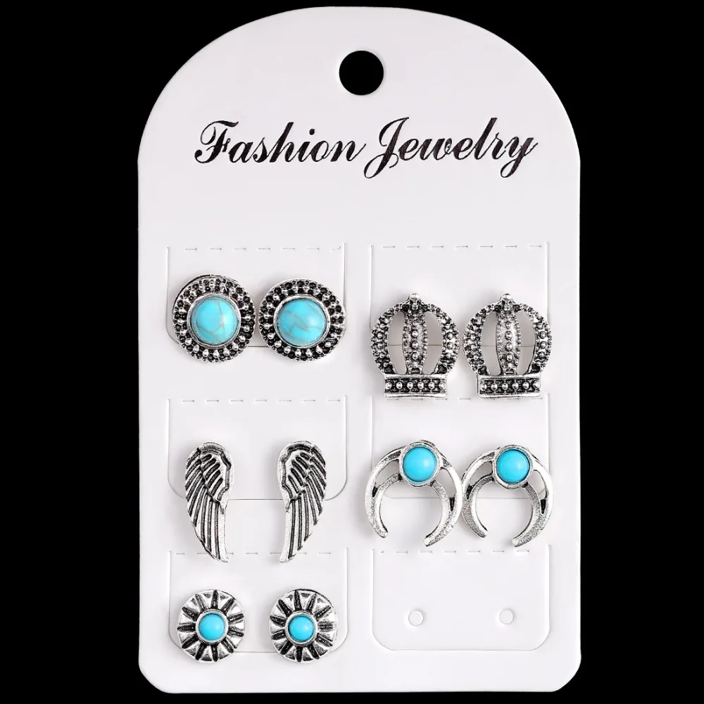 

Fashion Women's Jewelry Wholesale Girls Tibetan Silver Earrings Set 5 pairs Blue Stone Earrings Free Shipping Ear Jewelry