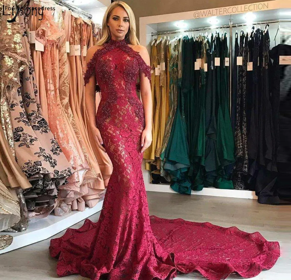 

Dark Red Prom Dresses 2019 Mermaid Halter Neck Formal Holidays Graduation Wear Party Gowns Plus Size Custom Made