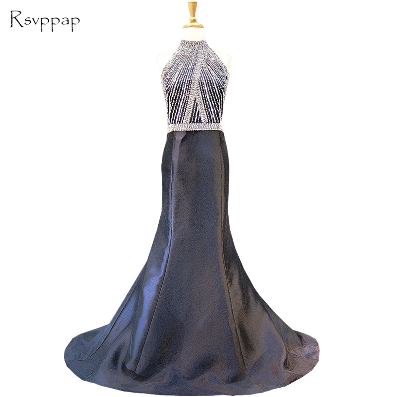 

Long Evening Dress 2020 Real High Neck Beaded Crystals African Black Mermaid Women Formal Gowns Special Occasion Dresses