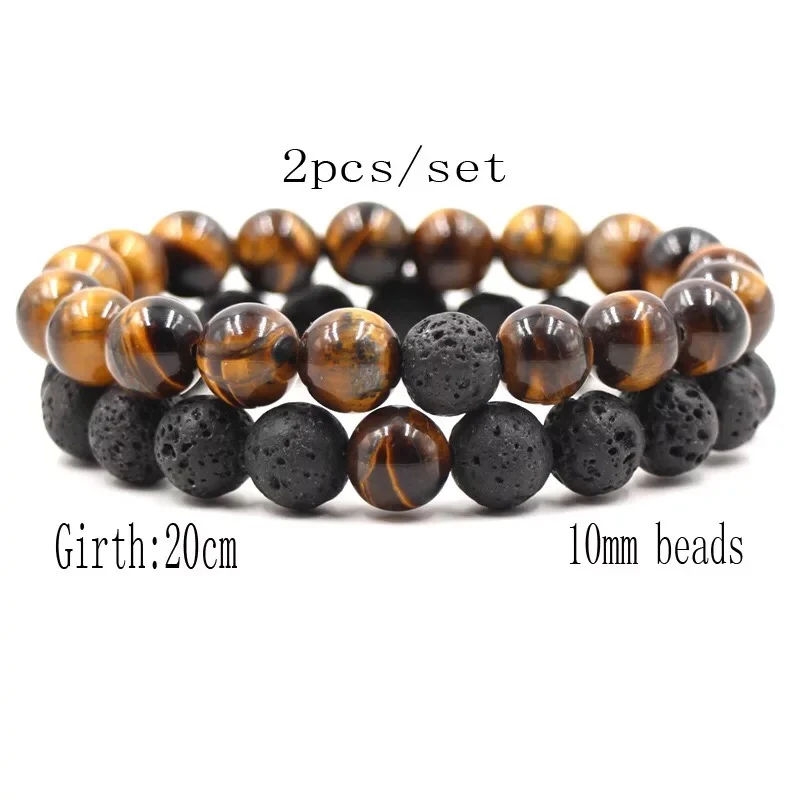 

2 Pcs Set Lava Rock 10mm Beads Natural Stone Diffuser Bracelet Women Men Yoga Aromatherapy Elastic Bracelets Jewelry Gift
