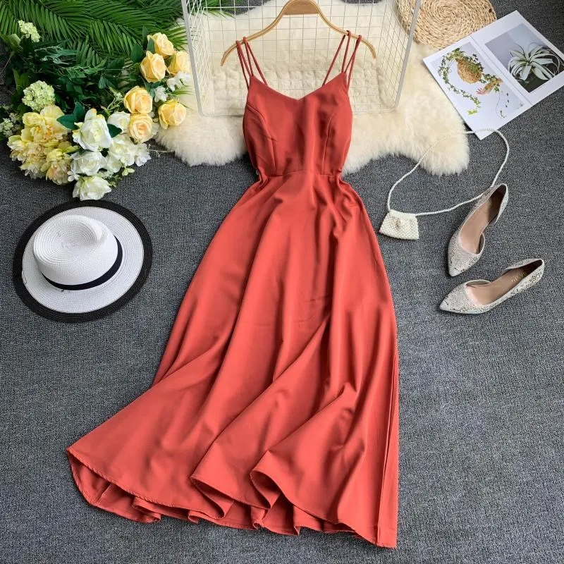 Сексуальное длинное платье на бретельках, женское летнее платье с глубоким v-образным вырезом и открытой спиной, однотонные вечерние платья, винтажное платье макси, пляжное платье Vestidos - Цвет: Оранжевый