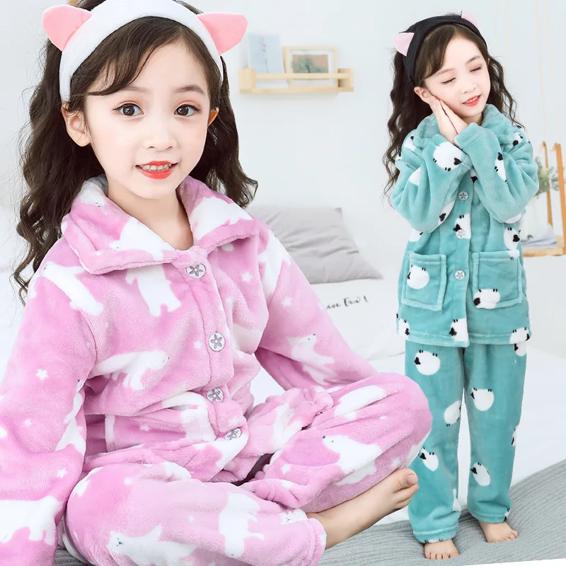 

2018 winter suit children's flannel pajamas thickening girls home service big children's fleece two-piece