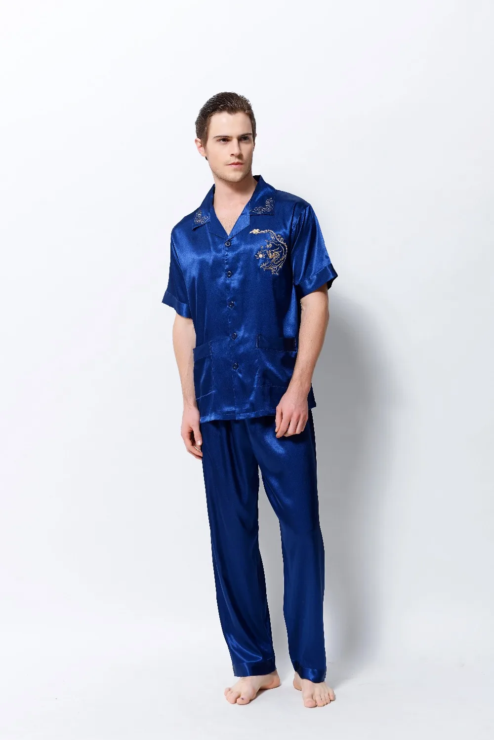 Mens Silk Pajamas Set Satin Chinese 22 Momme Pure Pyjama Homme Long Sleeve Sleeping Shirt Brand ...