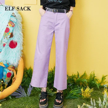 

ELFSACK 2019 Summer Pants Solid Mid Waist Oversized Women Trousers Skinny Streetwear Ankle-Length Pants Ladies Wide Leg Pants