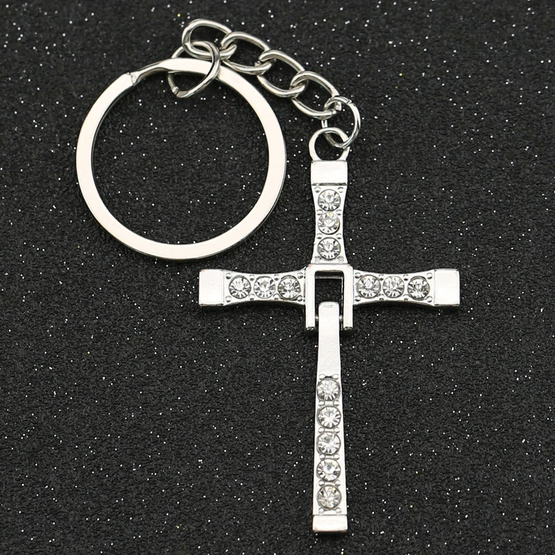 

Fast And Furious 8 Keychain Cross Dominic Silver Cubic Zirconia Crystal Keyring Key Holder Chain Ring Movie Jewelry Wholesale