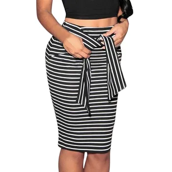 

2019 Spring Winter Women Skirt Black White Striped Bow-Tie Zipper Knee-Length Empire Pencil Skirts Sexy Slim Skirts W614