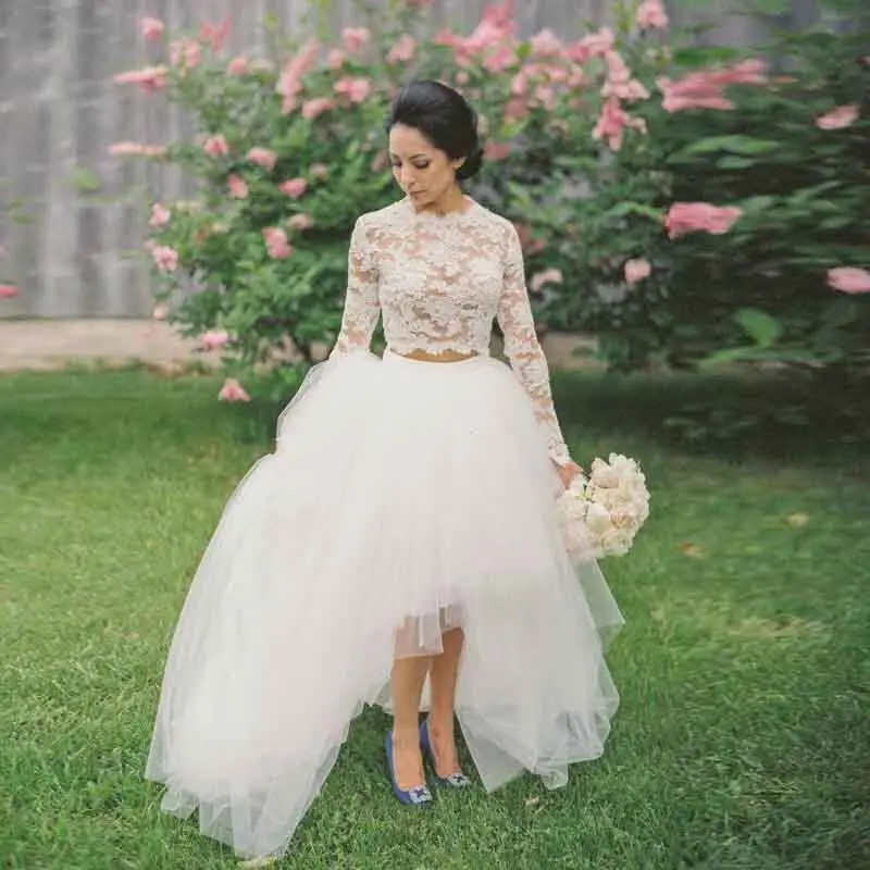 Rustic 2 Pieces High Low Bridal Dress Long Sleeves Lace Wedding Tulle Modest Gowns Vestido De Noiva Romantico 2016 In Dresses From Rustic 2 Pieces High Low Bridal Dress Long Sleeves Lace Wedding Tulle Modest Gowns Vestido De Noiva Romantico 2016 In Dresses From