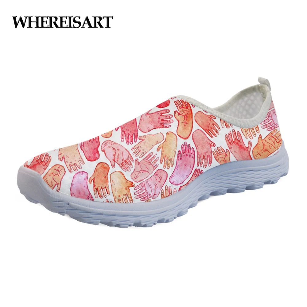 

WHEREISART Sneakers Women Summer Flats Shoes Funny Design Hands Casual Ladies Beach Loafers Slip-on Mesh Light Girls Zapatos
