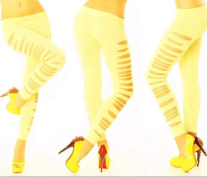 CUHAKCI леггинсы с дырочками, сексуальные леггинсы, женские Стрейчевые черные танцевальные рваные леггинсы, эластичные штаны с низкой талией, популярные рваные штаны - Цвет: Side Yellow