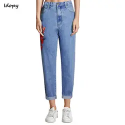 Idopy женские эластичные свободные джинсовые штаны цветочный 3D вышивка бойфренд отбеливатель рваные брюки женские эластичные голубые