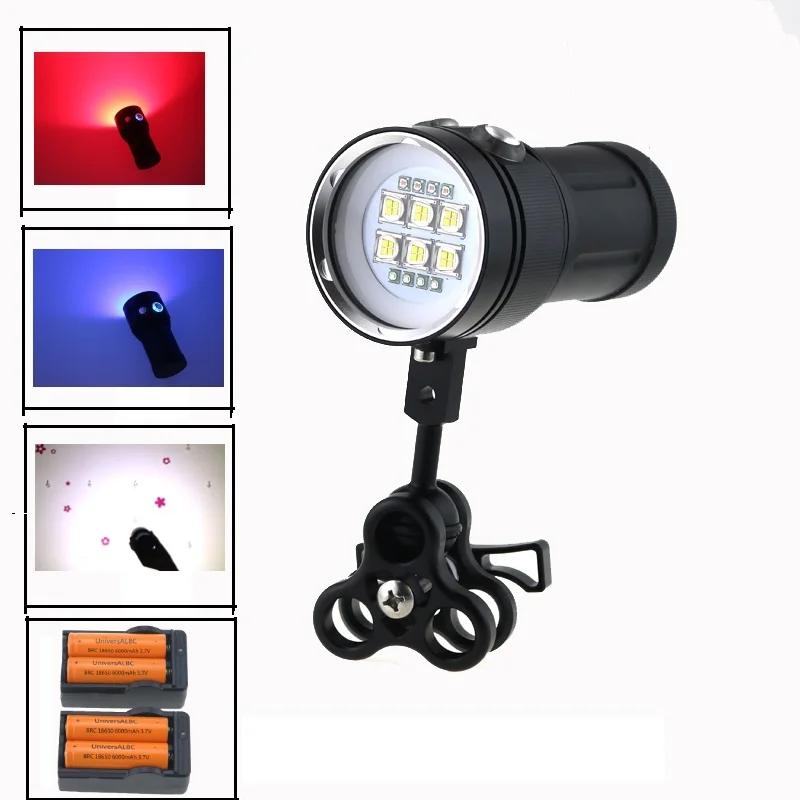 

20000LM Led Underwater Video Diving Flashlight 6x SS-T90 Led White + 4x Red +4x UV / Blue Light 18650 Battery Waterproof Torch