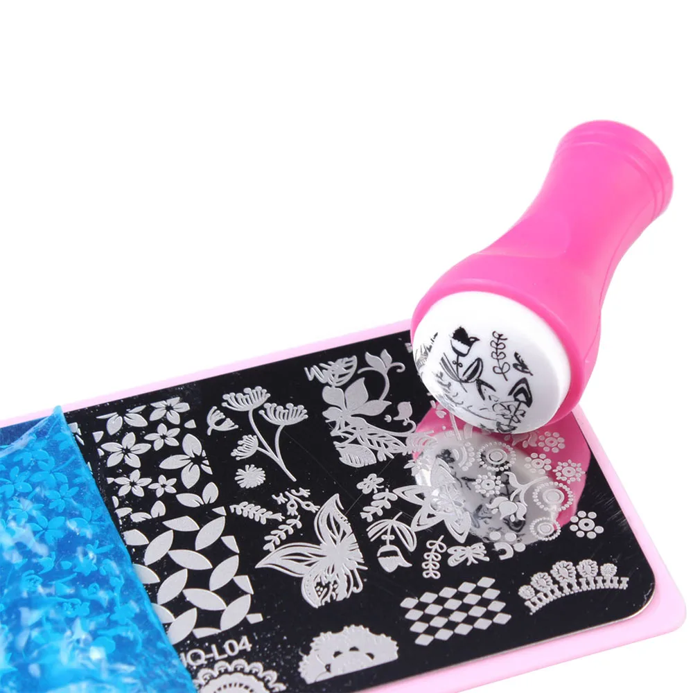 10Pcs Mixed Designs Image Stamp Nail Art Stamping Plates &Pink Plastic
