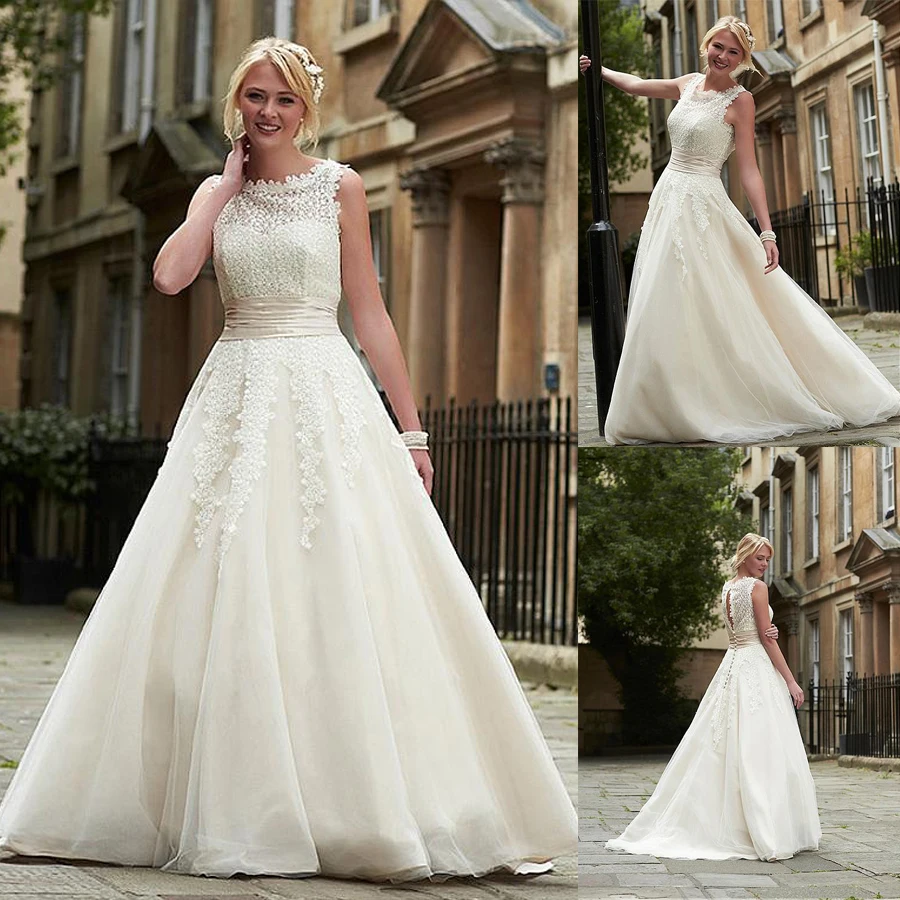 

Tulle & Lace A-line Jewel Neckline A-line Wedding Dresses A-line Beige Tulle Bridal Dresses Plus Size vestido casamento