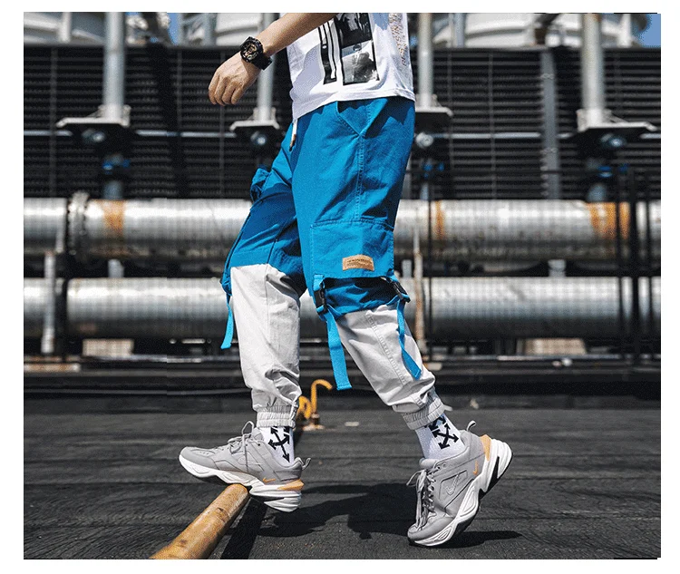 Мешковатые брюки карго с лентами с большими карманами Японская уличная одежда хип-хоп джоггеры брюки карго белые синие летние мужские брюки