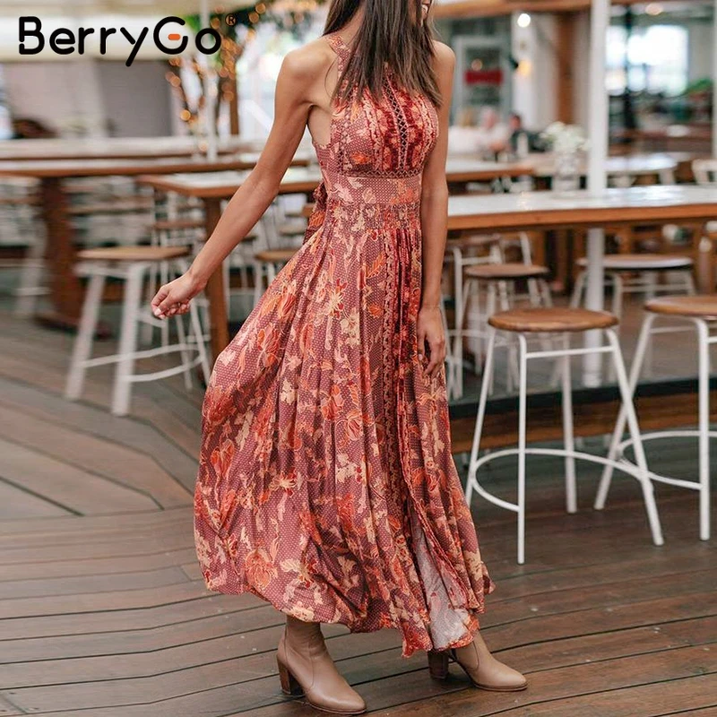 BerryGo, сексуальные женские платья с открытой спиной, длинное платье, летнее платье, цветочный принт, бохо, шнуровка, женские платья, винтажные платья