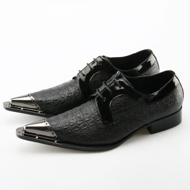 

Eunice Choo Metal Pointed Toe Embossed Leather Black Derby Shoes Lace Up Formal Men Shoes Solid Party Wedding Shoes