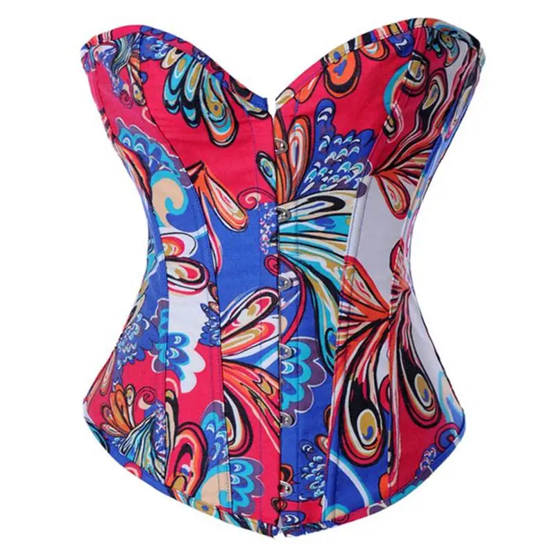 

Blue Rose Green Women Flower Pattern Strapless Bustier Corset Overbust Slim Bustiers Top Waist Shaper Lace Up Graffiti Corselet