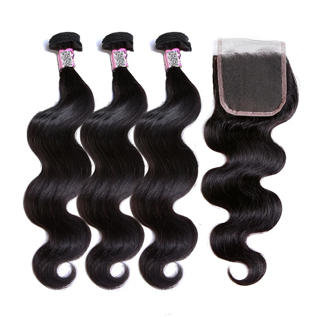 Best Offers Ms Cat Hair Brazilian Body Wave Lace Closure Free Part 4 PCS Human Hair Bundles With Closure Swiss Lace Non Remy Hair Extension