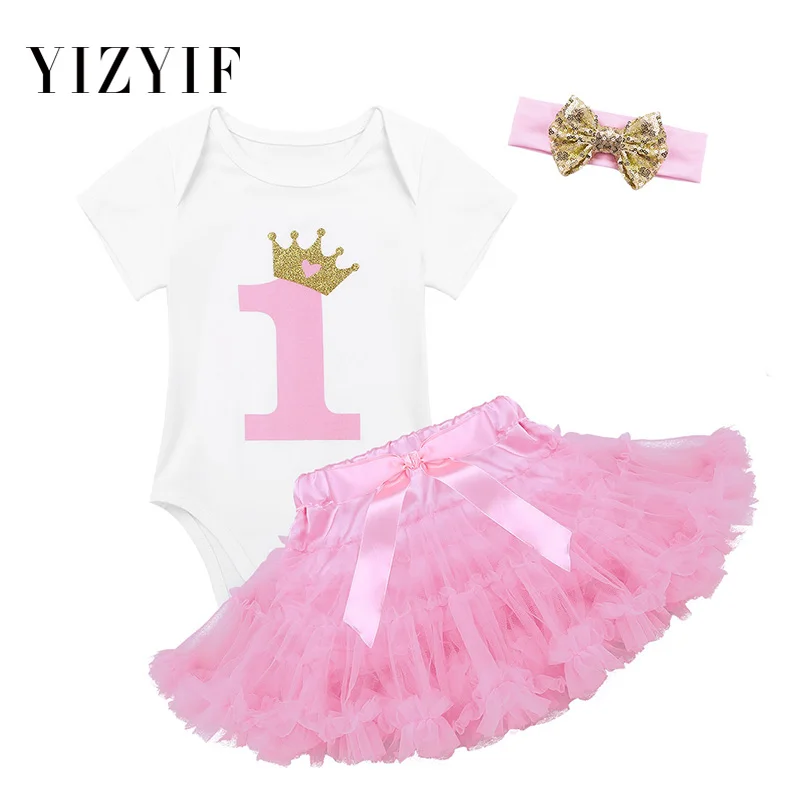 

Infant Baby Girls Outfit Short Sleeves Glittery Crown Number 1 Printed First 1st Birthday Romper with Tutu Skirt Headband Set