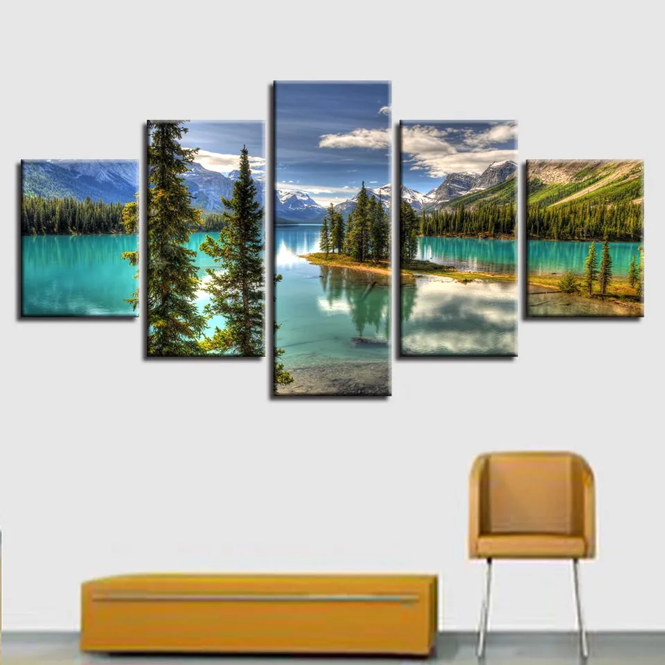 Canvas HD Prints Painting Home Decor Frame 5 Pieces Green Mountain Lake