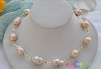

Free shipping@@@@@ Huge 18" 32mm PINK baroque KESHI REBORN PEARL GOLDEN NECKLACE