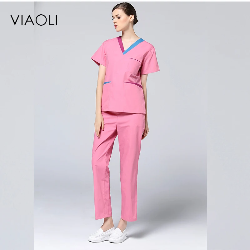 Viaoli новая Хирургическая Одежда с коротким рукавом, одежда для мужчин и женщин, одежда для врача, одежда для медсестры, операционная комната, фиолетовое, розовое платье - Цвет: Розовый