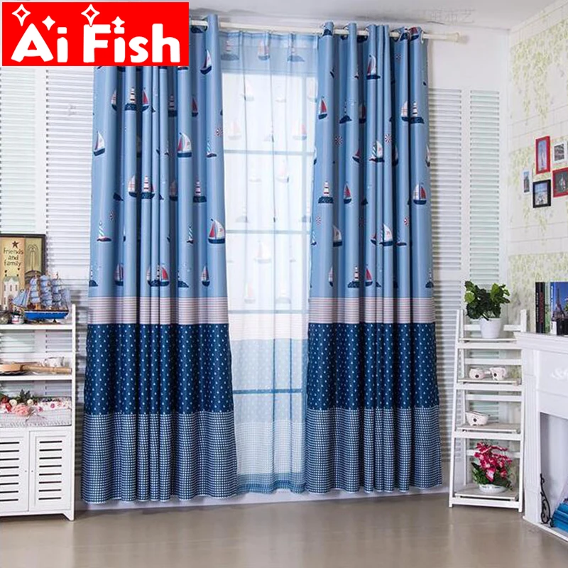 

Mediterranean Cartoon Blue Sailing Lighthous Sheer Curtains Childrens Bedroom Insulation Semi-blackout For Living Room DF067-40