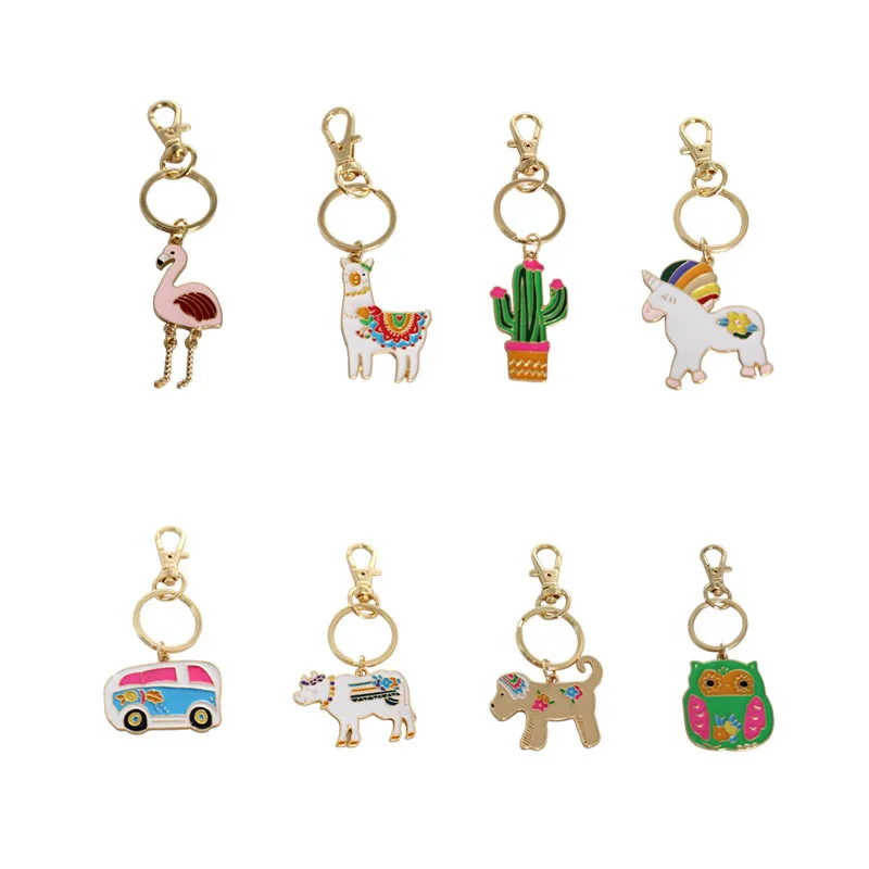 

Cute Cartoon Enamel Dog Unicorn Alpaca Cactus Owl Pendant Keychains For Women Ring Chain Charm Child Jewelry For Gift